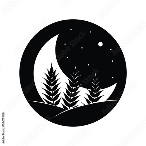 Wheat Field Under Crescent Moon and Stars Silhouette