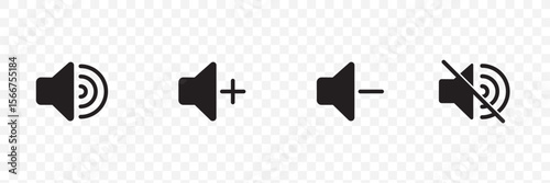 Speaker Set Icon. Sound Icon. volume icon vector . Black volume speaker icons showing mute, low, medium, high, increase, and decrease sound levels. 