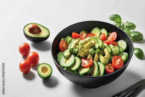 A vibrant avocado, tomato, and cucumber salad in a sleek black bowl rests on a white tabletop. Fresh ingredients pop with color, symbolizing health, freshness, and minimalist modern dining