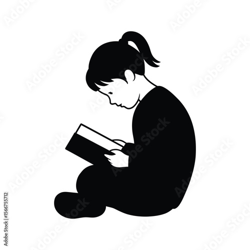 Black and white illustration of a girl sitting and reading a book