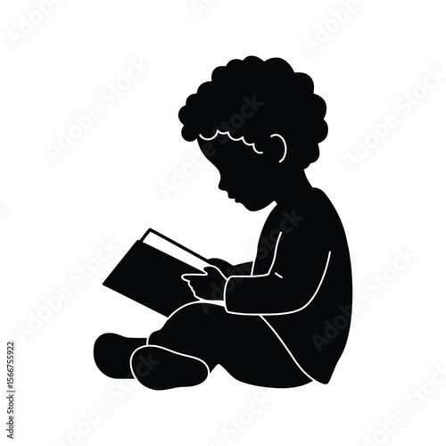 Black Silhouette of Child Sitting and Reading a Book Childrens Book Illustration