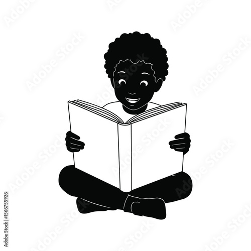 Happy Black Boy Reading Book Child Education Literacy Knowledge Learning  Vector Illustration