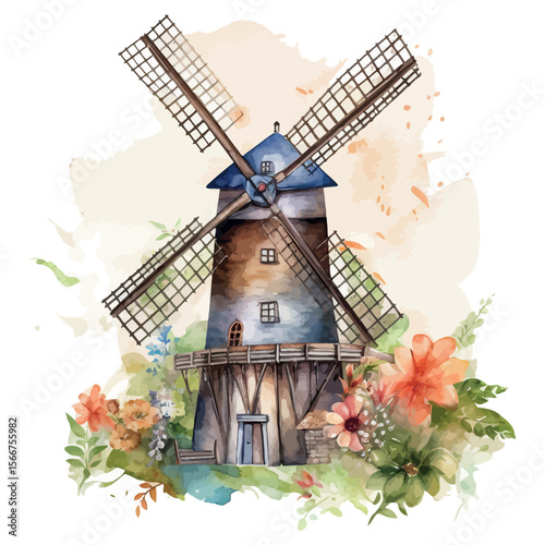Old Dutch windmills stand tall against a cloudy sky, nestled in a vibrant European agricultural landscape