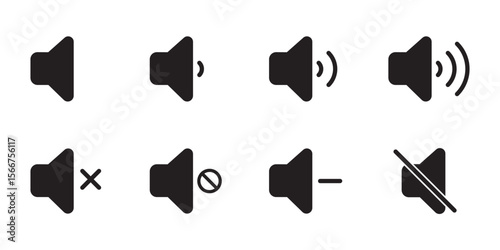 Speaker Set Icon. Sound Icon. volume icon vector . Black volume speaker icons showing mute, low, medium, high, increase, and decrease sound levels. 