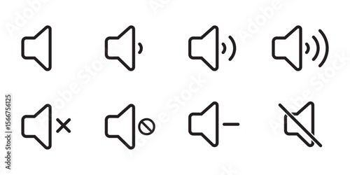 Speaker Set Icon. Sound Icon. volume icon vector . Black volume speaker icons showing mute, low, medium, high, increase, and decrease sound levels. 