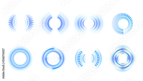 Set of bright energy indicators with blue glow on white background. Vector HUD elements for games, apps, interfaces and futuristic concepts.