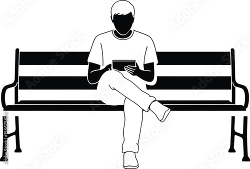 Person sitting on a park bench using a tablet black and white vector illustration