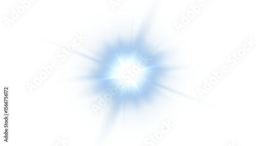 Light flash with bright shine and transparent rays of blue glow on white background. Vector