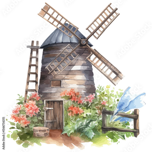 Old Dutch windmill in a vibrant spring landscape under a vast sky, embodying the traditional architecture and rural charm of the Netherlands countryside