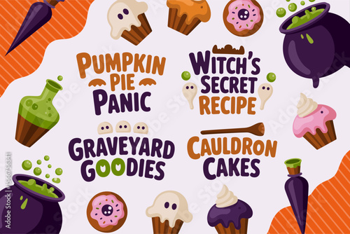 Halloween treat label, pumpkin pie panic, witchs secret recipe, graveyard goodies, cauldron cakes, spooky dessert sign