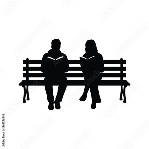 Silhouette of a man and woman sitting on a park bench reading books