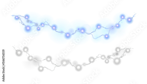 Garlands of blue and white bulbs with a warm glow and smooth curves. Ideal for creating festive, decorative and magical compositions in digital design.