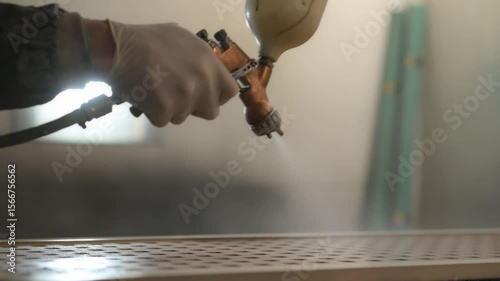 Painter applying varnish on wooden surface with spray gun