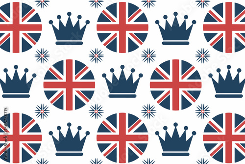 British flag and crown seamless pattern, UK royal symbol, union jack background, patriotic British design, decorative wallpaper