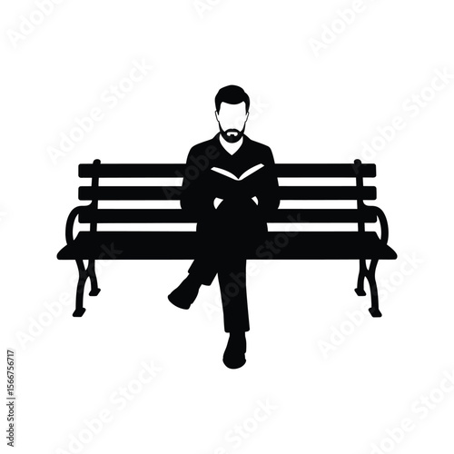 Silhouette of a man reading a book on a park bench black and white vector illustration