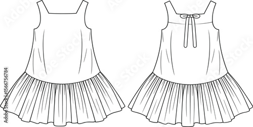 Sleeveless A-line Dress with Ruffled Hem and Tie Back Detail for Girls and Toddlers, Fashion Flat Sketch Vector Illustration