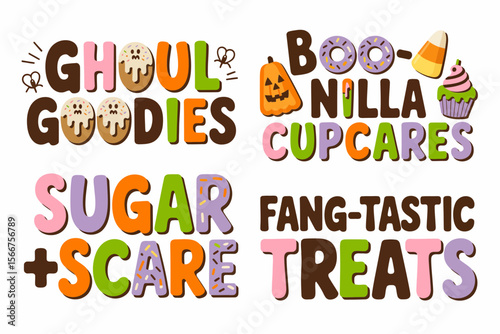 Halloween treat label, ghoul goodies, boo-nilla cupcakes, sugar scare, fang-tastic treats, spooky dessert sticker, party sign