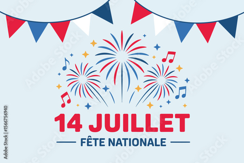 Bastille Day celebration banner, 14 juillet fete nationale, French national day, fireworks, patriotic party invitation design