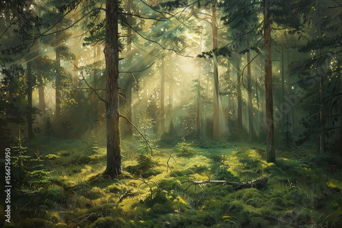 A painting of a forest with sunlight shining through the trees