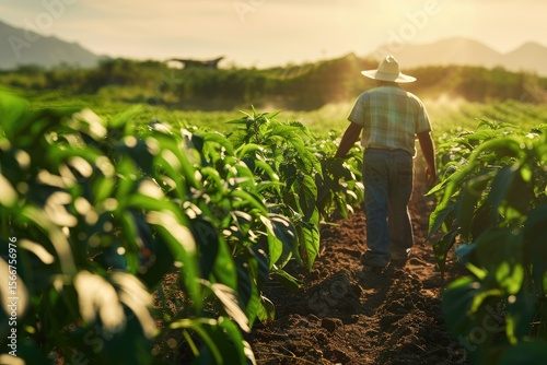 Pixel Perfect Image of Mexican Farmer Inspecting Chili Pepper Plants, Traditional Agriculture