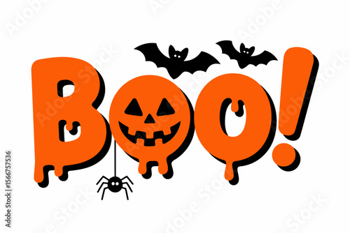Boo Halloween sign, pumpkin and bat illustration, spooky October greeting, Halloween party invitation, festive holiday design