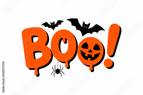 Halloween boo sign, pumpkin and bat illustration, spooky October greeting, Halloween party invitation, festive holiday design