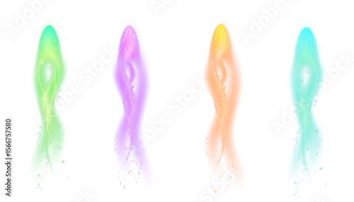 Set of magical light comets with smooth swirls and sparkling particles on white background. Abstract effect for magical scenes, games and interface design.