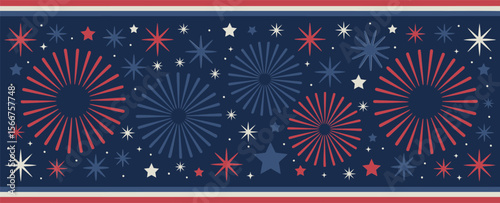 Patriotic fireworks banner, festive celebration background, colorful firework display, holiday party invitation, event design
