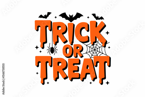Trick or treat Halloween sign, bat and spider web, festive October celebration, Halloween party banner, spooky greeting card, holiday design