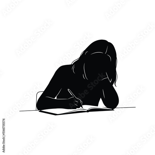 Silhouette of a woman writing in a notebook studying working or journaling