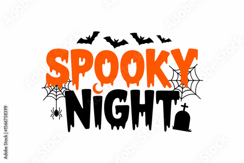 Spooky night Halloween sign, bat and spider web, scary party invitation, October celebration, festive design, spooky greeting card