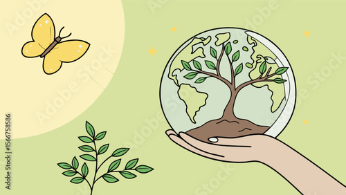 Illustration of earth day with tree in globe, butterfly and plant for environmental awareness concept