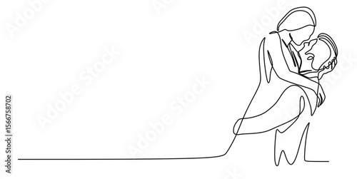 continuous line art of a pair of man and woman in dress and suit performing a wedding reception and hugging. wedding concept. this icon is for invitation cards.