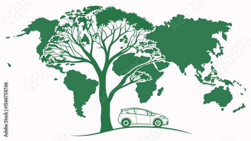 Green earth eco friendly car and tree world map sustainability concept for environmental awareness design