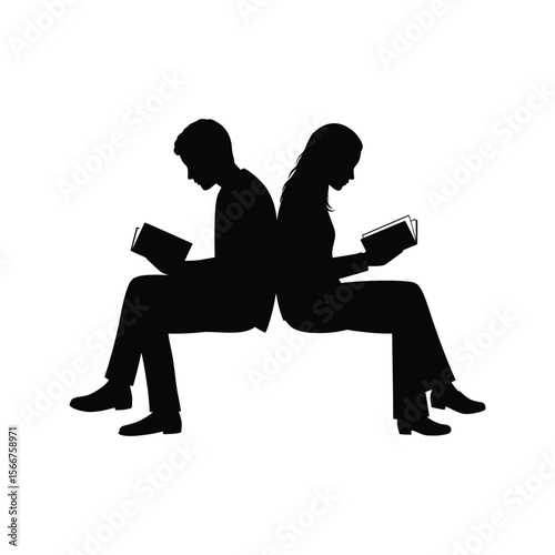 Silhouette of man and woman sitting backtoback reading books