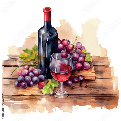 Red wine bottle, glass, and grapes on a vine
