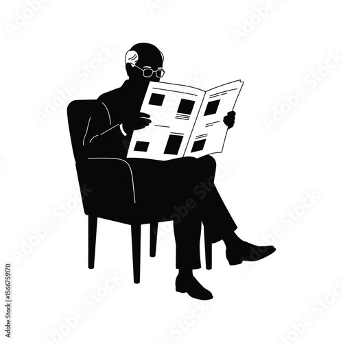 Silhouette of senior man sitting in chair reading newspaper black and white vector illustration