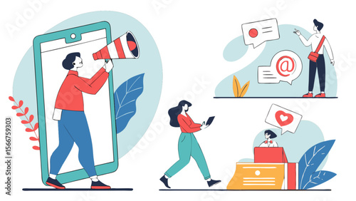 Marketing strategy social media advertising promotion and digital marketing communication illustration
