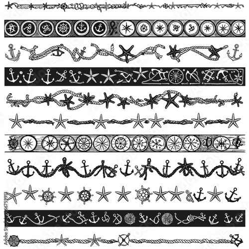 Decorative marine patterns with anchors and starfish in black  