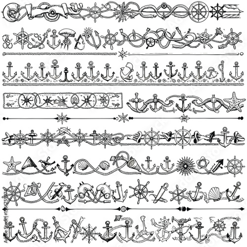 Nautical themed decorative borders with anchors and stars  