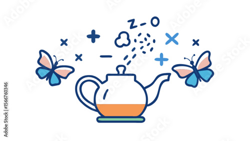Teapot tea butterflies relaxation zen time hot beverage steam whimsical illustration graphic design vector art
