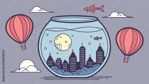 Cityscape in a fishbowl with hot air balloons and fish whimsical illustration vector design art work
