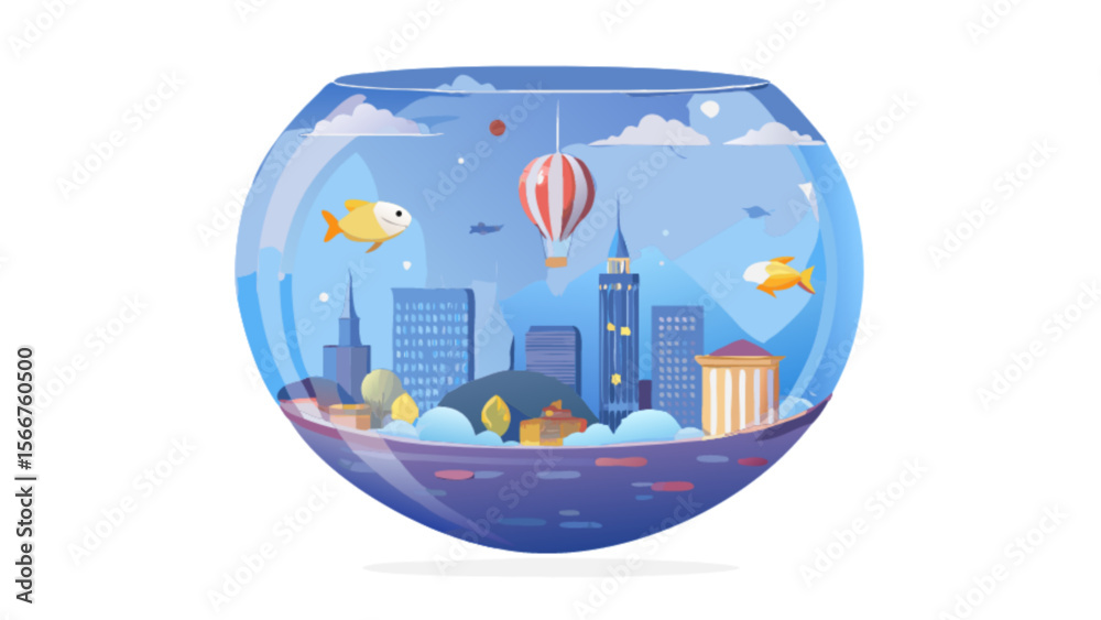 Fototapeta premium Cityscape aquarium with fish and hot air balloon vector illustration design creative concept for decoration