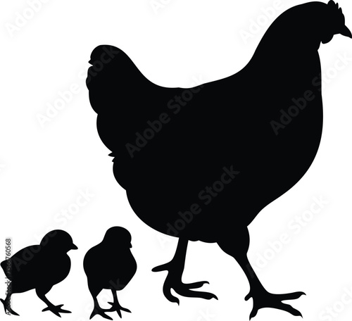 Silhouette of hen and chicks walking together
