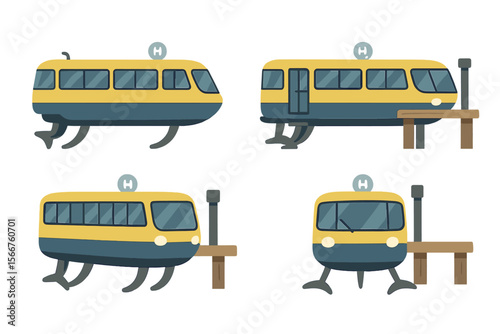 Unique train designs showcasing various perspectives at a station during the day with a vibrant color palette