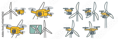 Drones performing inspections on wind turbines under clear sky during daylight