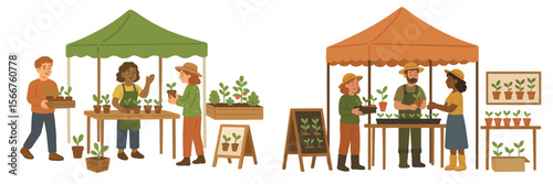 Local plant market where vendors sell seedlings and gardening supplies in a community gathering
