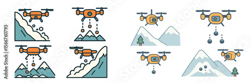Drones flying over mountainous terrain capturing stunning aerial views and delivering packages in a serene landscape