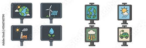 Environmental awareness signs promoting sustainability and eco-friendly practices in a city