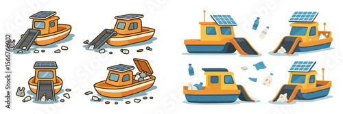 Solar-powered boats collecting plastic waste from the water during a cleanup initiative in a coastal area